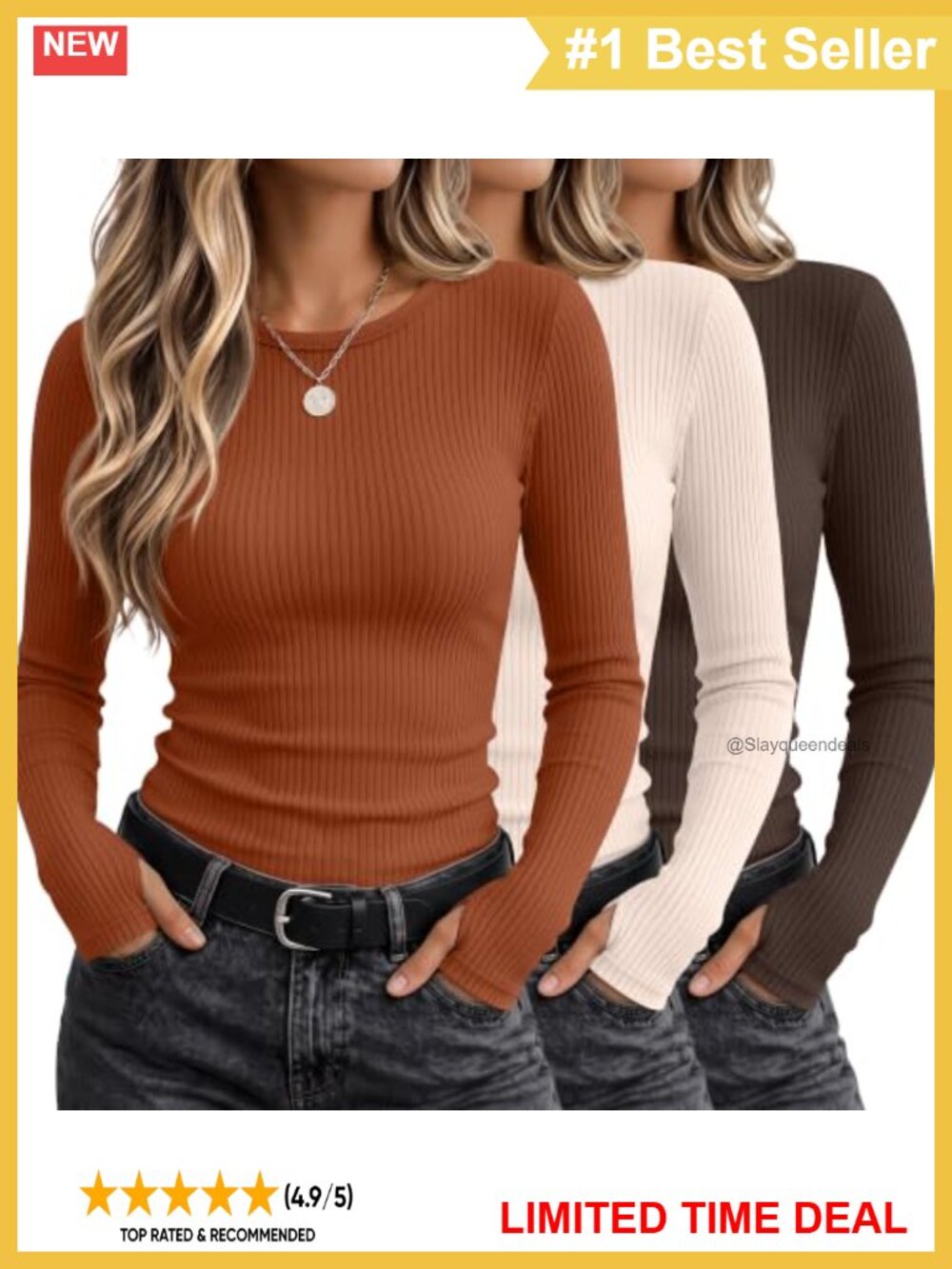Women's Ribbed Long Sleeve Tops 3 Pack Cotton Slim Fit Thumb Holes